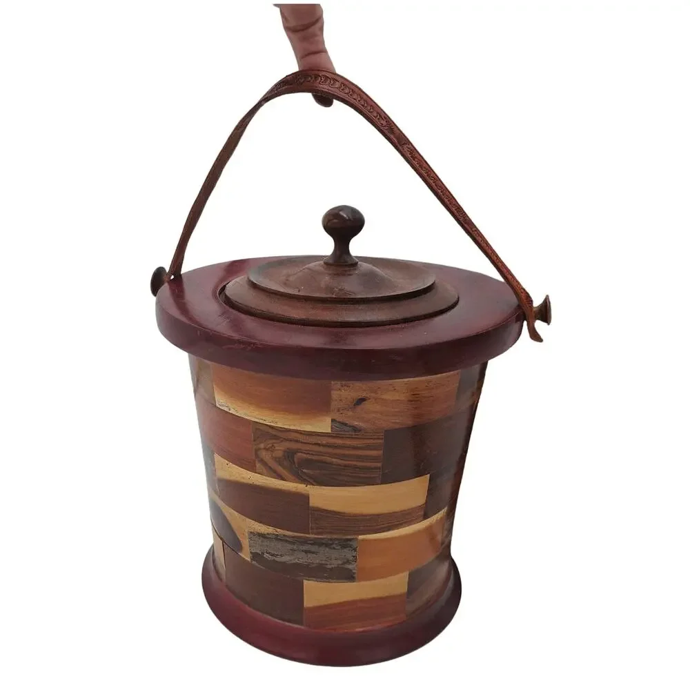 Unique Handmade round stacked wood lined ice bucket Wine Champagne chiller MCM